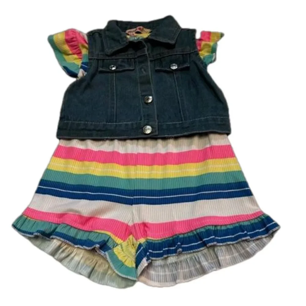 DELIAS Baby Girls Striped Romper Sleeveless Denim Vest Set Multicolor 2T NWT